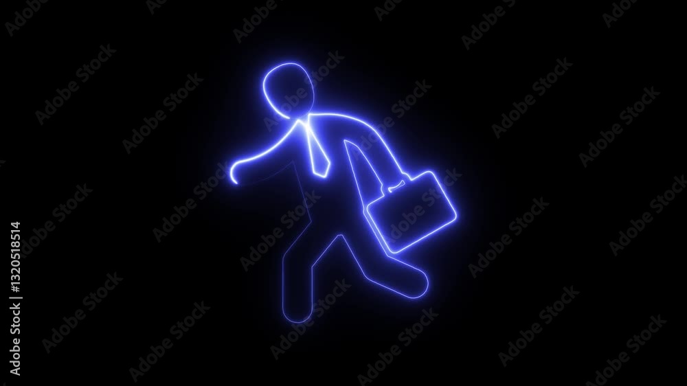 Neon Businessman character icon business man walk with briefcase animation on black background