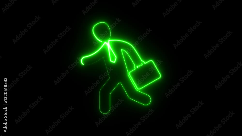 Neon Businessman character icon business man walk with briefcase animation on black background Neon Businessman character icon business man walk with briefcase animation on black background