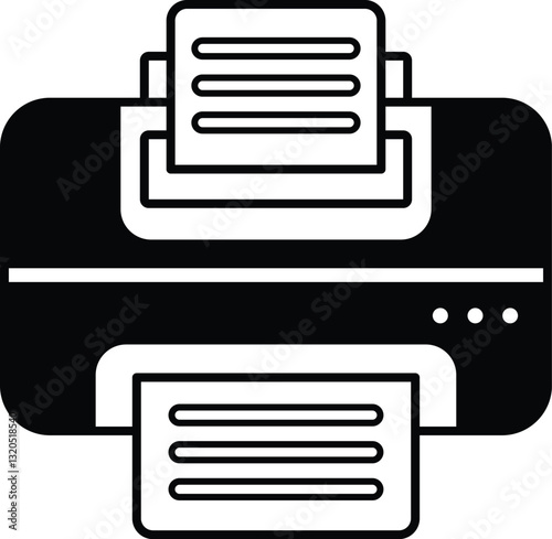 A black and white image of a printer with a stack of paper