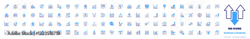 100 Increase and decrease Icons Collection. Bold line style. Duotone colors. increase, growth, profit, improve, money, data analytics, expansion, gold ingots, chart, earnings