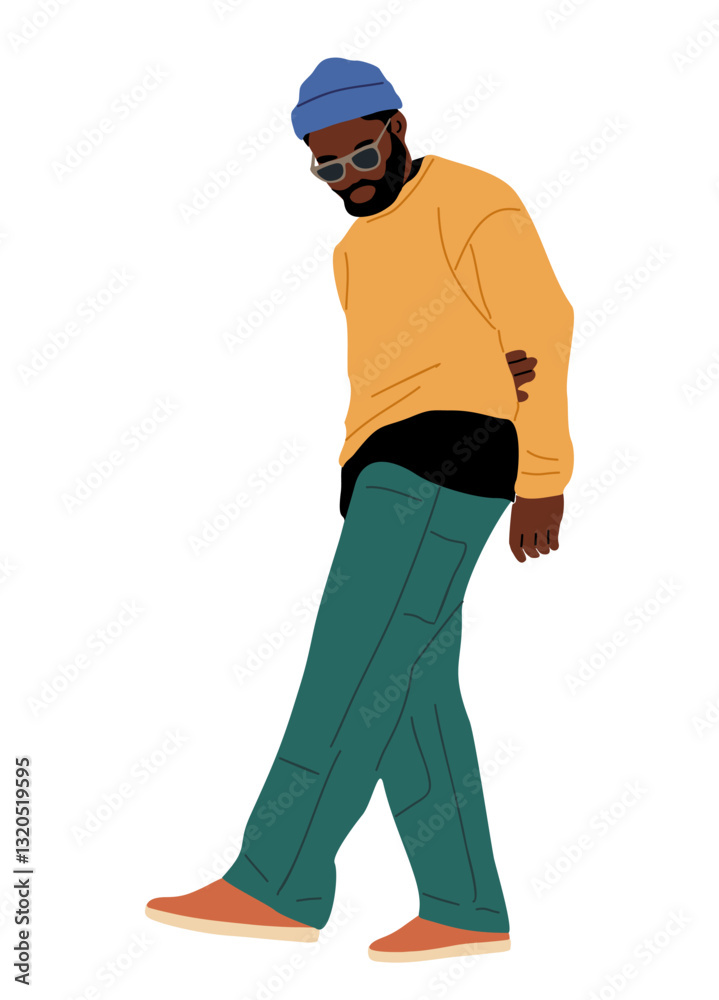 Stylish black man walking in modern casual street fashion urban clothes. Side view flat colorful vector illustration isolated on transparent background Stylish black man walking in modern casual street fashion urban clothes. Side view flat colorful vector illustration isolated on transparent background