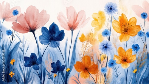 Vibrant Watercolor Floral Illustration with Blue, Pink, and Yellow Flowers in a Lush Garden Setting
