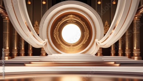 White golden ceremony award stage venue background.