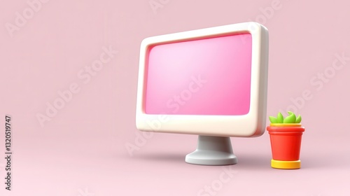 A cute cartoonish computer monitor next to a potted plant, set against a soft pink background, creating a cheerful and inviting atmosphere.