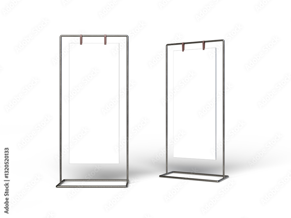 3D Realistic floor standing display mockup with metal base and leather. Blank portable vertical info white placard sign holder stand for presentation poster, banner, ads, products or exhibition info 3D Realistic floor standing display mockup with metal base and leather. Blank portable vertical info white placard sign holder stand for presentation poster, banner, ads, products or exhibition info