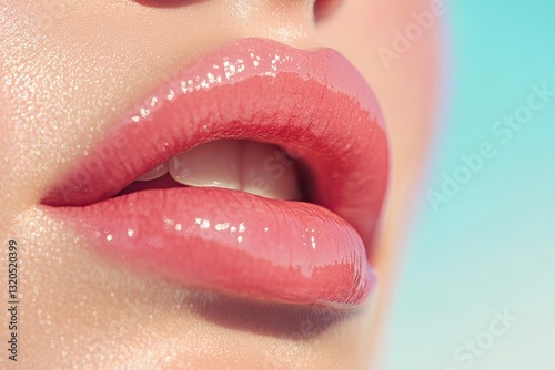 close-up shot of glossy cherry-red lips shimmering under golden sunlight