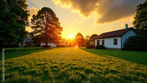 Golden hour sunset casts long shadows on lush green lawn near homes , real estate, evening