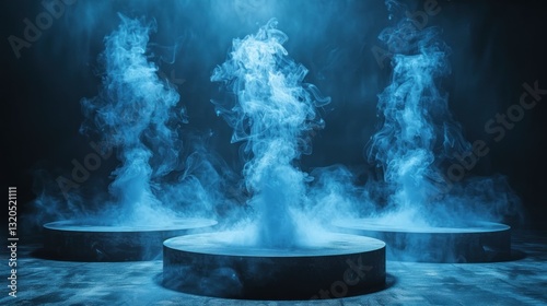 Blue smoke podiums, dark studio, product display