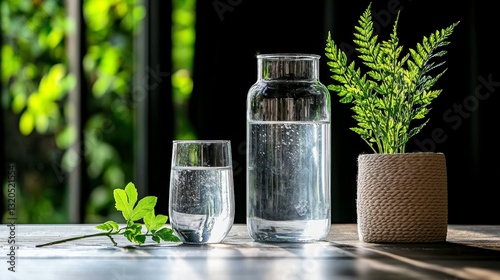 Beautiful green plant in a clear glass vase on display at a clean water conference with an engaged speaker