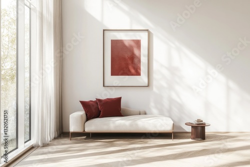contemporary living room with cherry-red accent furniture featuring minimalist sofa against bright white backdrop