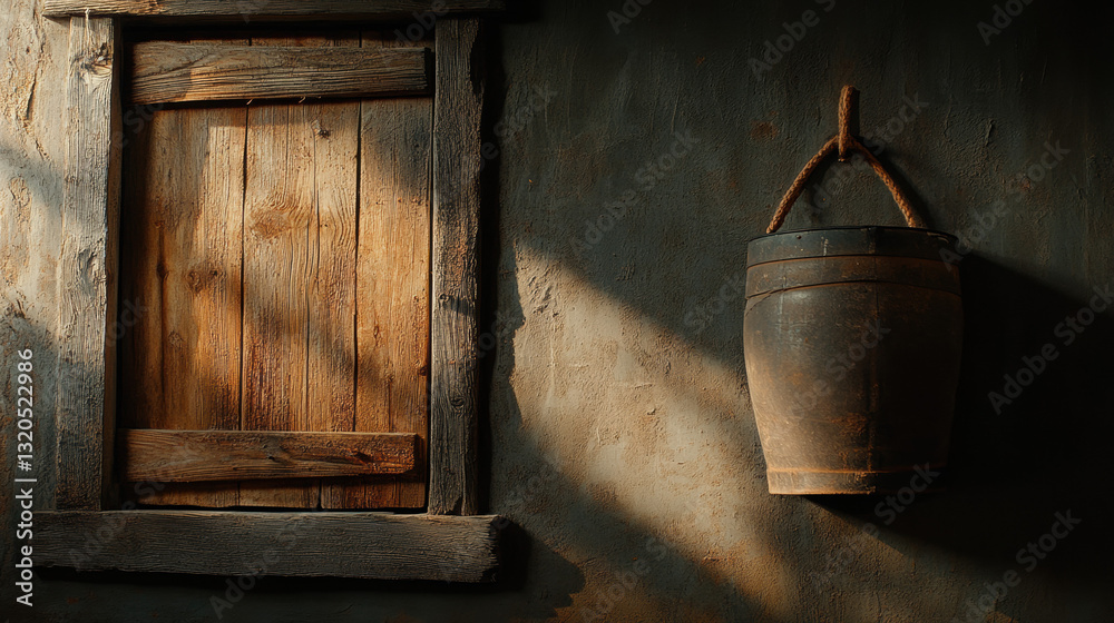 Rustic wooden window with a hanging flower pot capturing the essence of a barn wedding setting in nature Rustic wooden window with a hanging flower pot capturing the essence of a barn wedding setting in nature