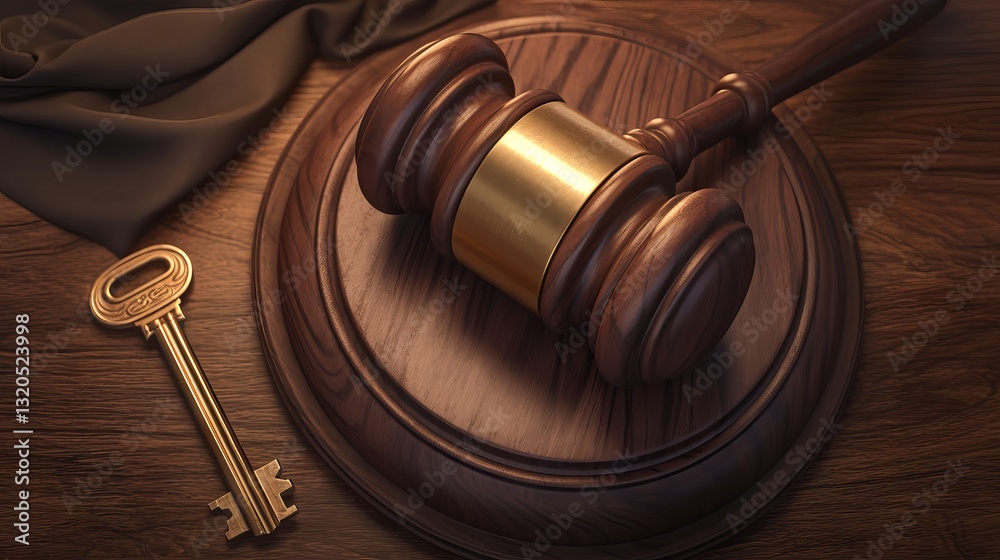 Wooden house model with gavel and key on wood surface representing foreclosure, bankruptcy, and real estate financial issues