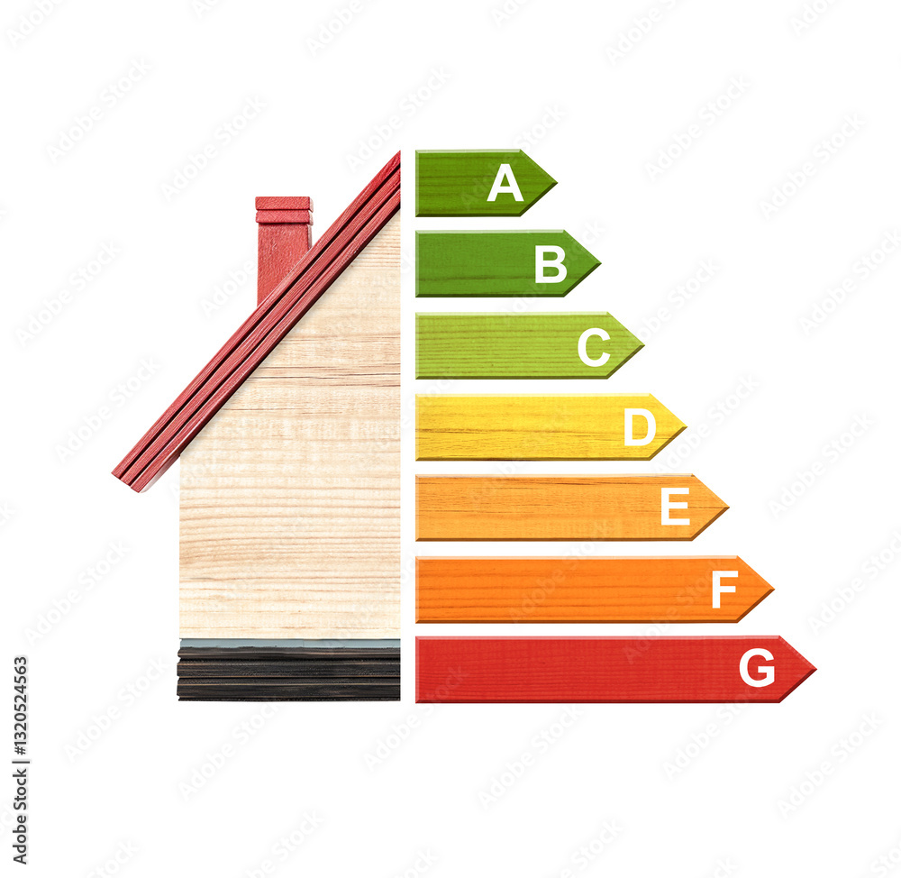 Energy efficiency chart on eco friendly house. Ecology, go green, environmental protection, energy class, bio energetic concept. Wooden toy home and energy efficiency chart. Isolated on white Energy efficiency chart on eco friendly house. Ecology, go green, environmental protection, energy class, bio energetic concept. Wooden toy home and energy efficiency chart. Isolated on white