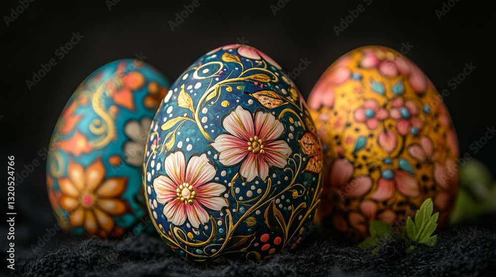 Close-up of hand-painted Easter eggs with intricate floral patterns Close-up of hand-painted Easter eggs with intricate floral patterns