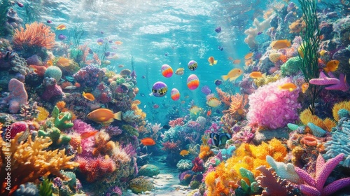 Vibrant Coral Reef Underwater Scene with Colorful Fish