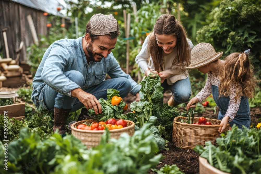 Fototapeta premium Family gardening in backyard vegetable garden, vegetable garden concept