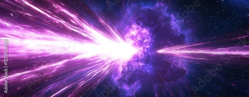Neon speed rays abstract background, depicting a vibrant purple cosmic explosion with high-speed light streaks and deep space energy bursts.