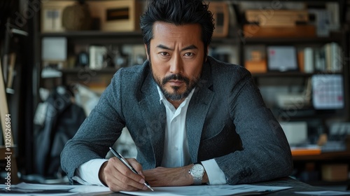 An Asian bearded designer, clad in a sharp suit, sat thoughtfully in his spacious, minimalist office, a pen poised over a sketchpad, his mind immersed in the creative process. photo