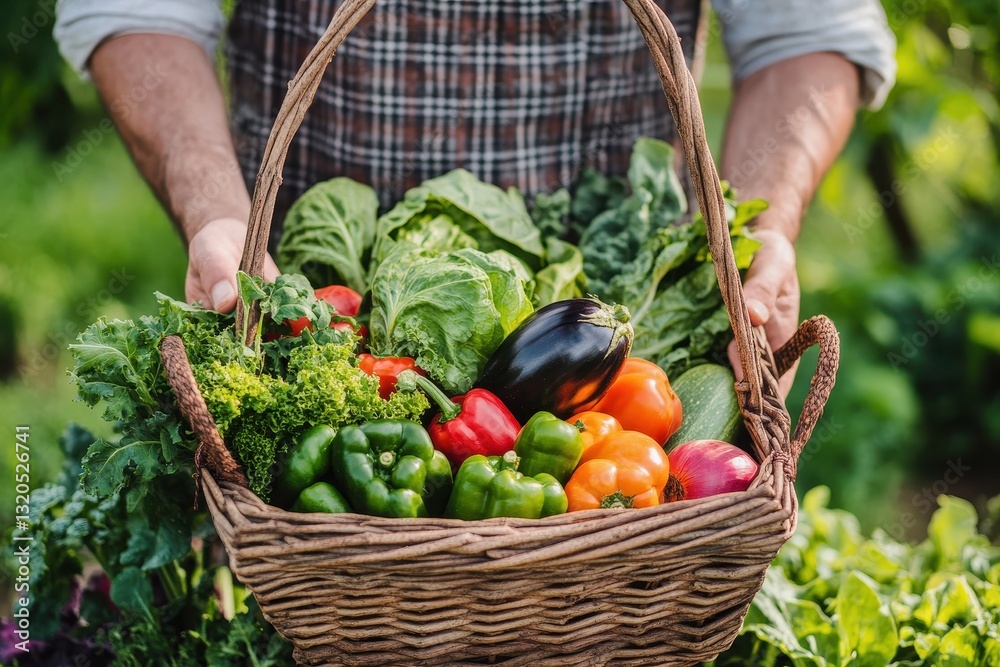 Fototapeta premium A farmer proudly holds fresh vegetables in a basket, showcasing the benefits of bio products