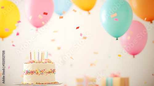 A vibrant birthday party scene bursting with color, featuring multicolored balloons floating in the air, shimmering streamers cascading from the ceiling, and confetti mid-flight. The bright, festive