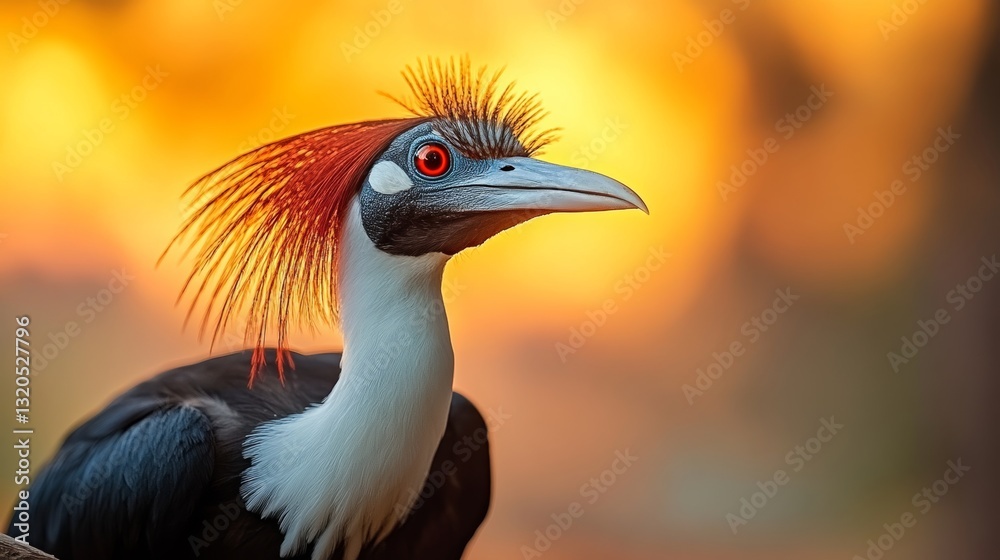 Fototapeta premium Bird with a red head and black and white feathers is standing in front of a sunset. The bird's head is the main focus of the image, and the sunset in the background creates a warm