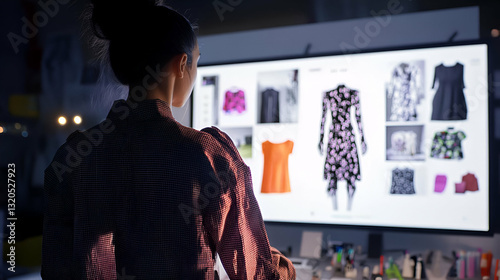 A fashion designer analyzing dress patterns on a digital screen with focus and creativity in a modern workspace.