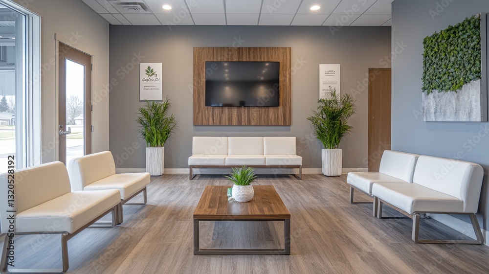 Fototapeta premium Modern living room with a minimalist design, featuring a white sofa and wooden elements.