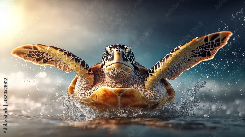 Obraz premium Turtle is swimming in the ocean with its head up and its body in the water. The turtle is in the middle of the ocean and is surrounded by water