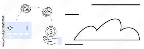 Contactless card transferring money to a hand with cloud symbol. Ideal for finance, technology, e-commerce, digital wallet, fintech, cloud computing, online banking. Flat simple metaphor