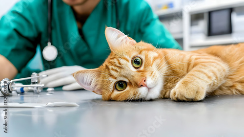Veterinarian Examining a Cat on a Surgical Table in a Laboratory Setting