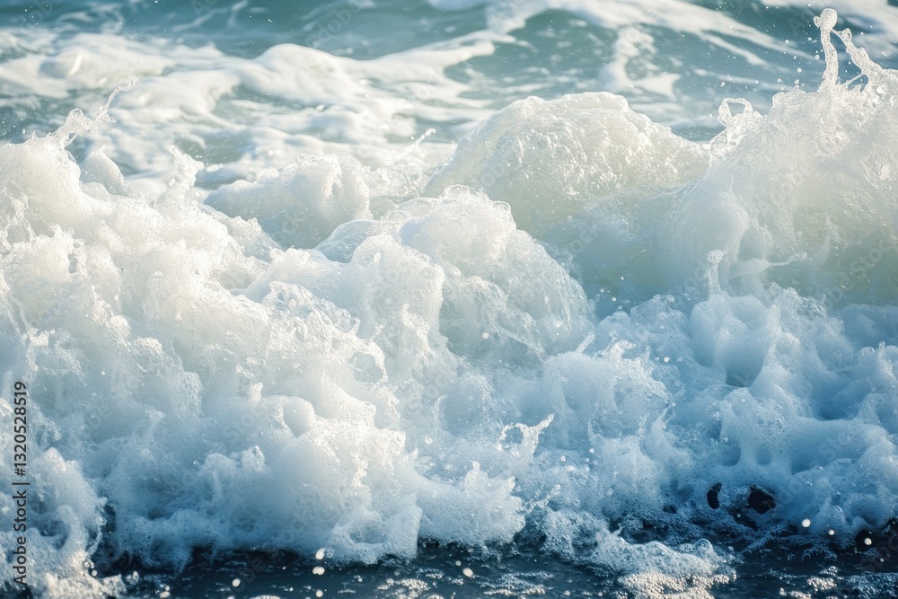 Fototapeta premium Ocean waves with foam rolling in, creating a serene and powerful coastal scene