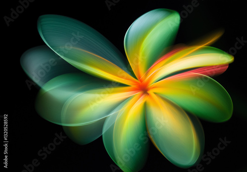 Macro Photography of Plumeria Flowers – Dark Green & Yellow Petals with Red Center, Neon-Lit Surreal Effect, High Contrast Against a Black Background