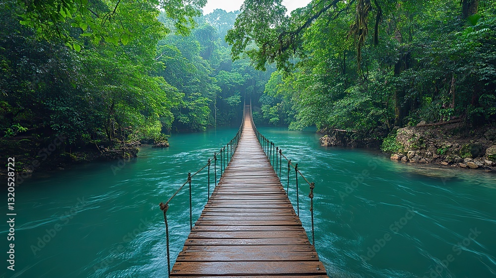 Fototapeta premium A hanging wooden bridge crosses a turquoise river, amid a lush green forest.