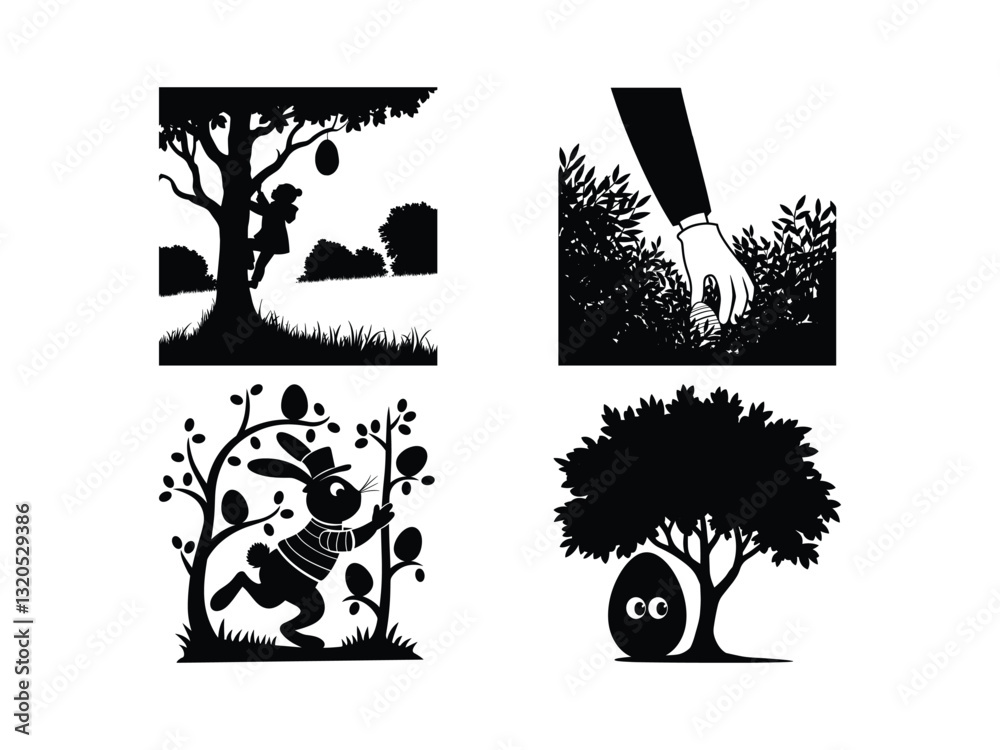 Fototapeta premium Easter Egg Hunt Silhouettes | Kids & Bunny Festive Clip art