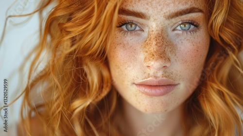 Close-up portrait of redhead woman with freckles outdoors