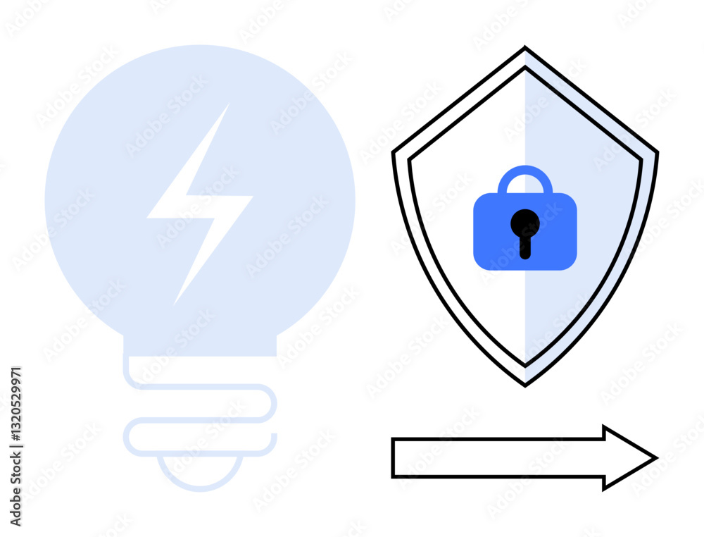 Light bulb with lightning bolt, shield with padlock, and arrow pointing right. Ideal for cybersecurity, innovation, energy solutions, data protection, progress technology forward-thinking. Abstract Light bulb with lightning bolt, shield with padlock, and arrow pointing right. Ideal for cybersecurity, innovation, energy solutions, data protection, progress technology forward-thinking. Abstract