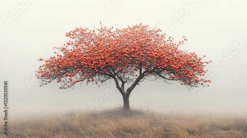 Autumnal tree laden with vibrant red fruit in a misty field photo