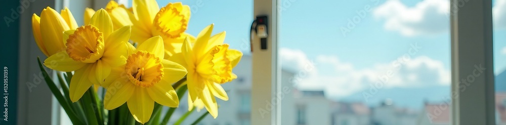 Close up of vibrant yellow daffodils and tulips arranged on a rustic windowsill against sky backdrop, arrangement, windowsill, vibrant Close up of vibrant yellow daffodils and tulips arranged on a rustic windowsill against sky backdrop, arrangement, windowsill, vibrant