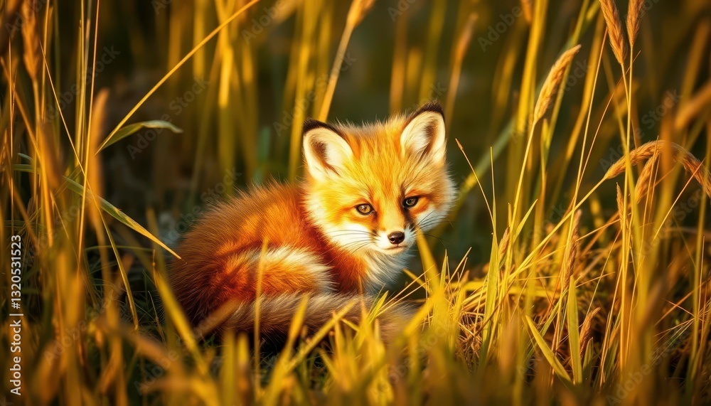 Fototapeta premium Fluffy orange fox kit nestled in tall, sunlit golden grass, yellow, outdoors
