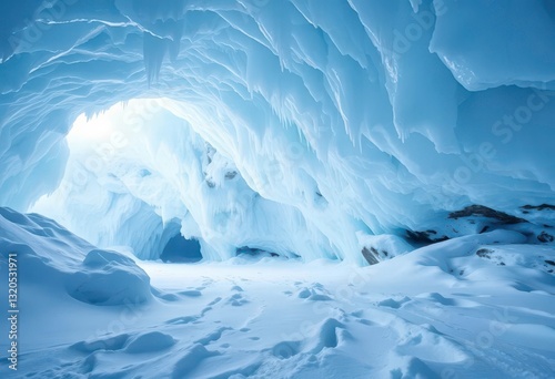 Frozen cavern, ethereal ice formations, snowfall drifts, ice sculpture, magical photo