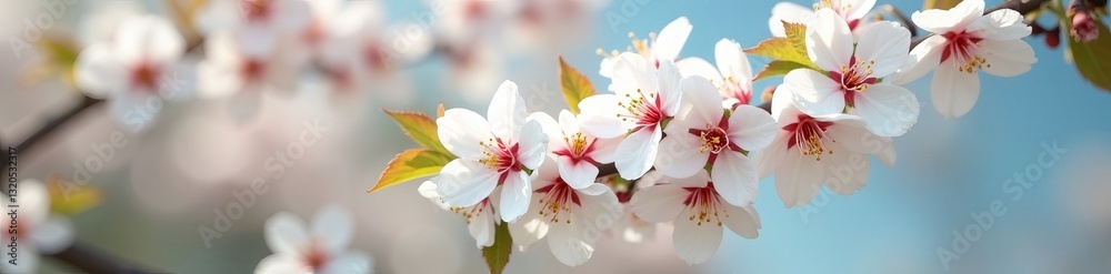 Fototapeta premium Close-up of white cherry blossoms on tree branches, season, petal, plant