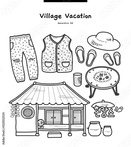 These illustrations are popular items from the MZ generation in Korea. There are country houses, grandmother's clothes, shoes, and hats. (Translation: Rural Travel)