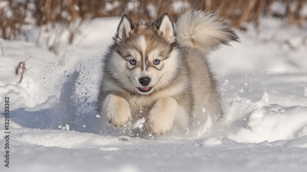 Husky puppy leaping in snow Husky puppy leaping in snow