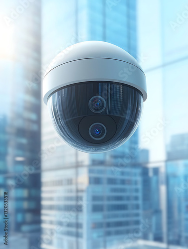 A dome security camera with multiple lenses mounted in front of a blurred light-filled cityscape.