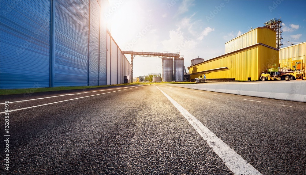 Obraz premium asphalt road between industrial buildings sunny day logisticsk