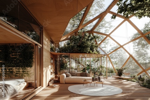 futuristic eco-house made entirely from self-regenerating bamboo transparent solar panels and 3d-printed biodegradable photo
