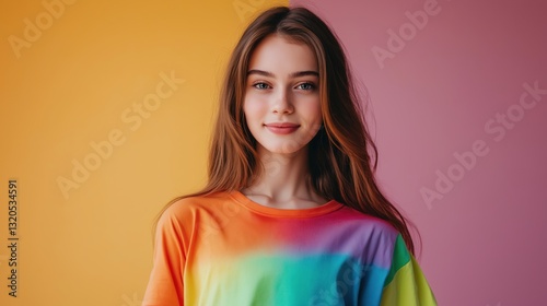 A young woman wearing a rainbow-colored t-shirt, standing against a colorful background, smiling confidently with a cheerful expression.