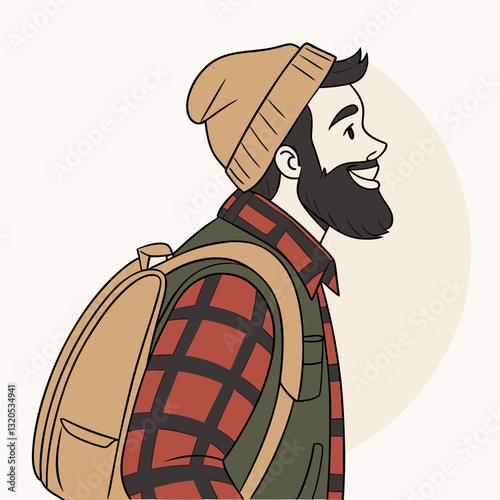 Smiling cartoon man in beanie with backpack enjoying outdoor adventure