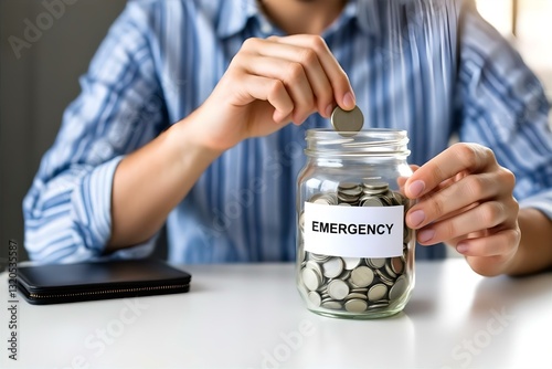 Emergency Fund Savings: Man Adding Coin to Jar Labeled 