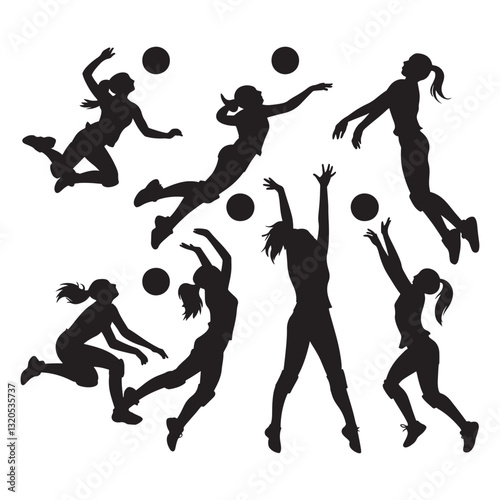 Set of female volleyball players silhouettes isolated vector team sports and beach volleyball